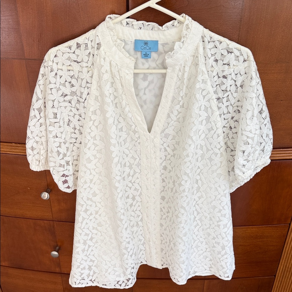 CeCe White Floral Lace Split-Neck Blouse